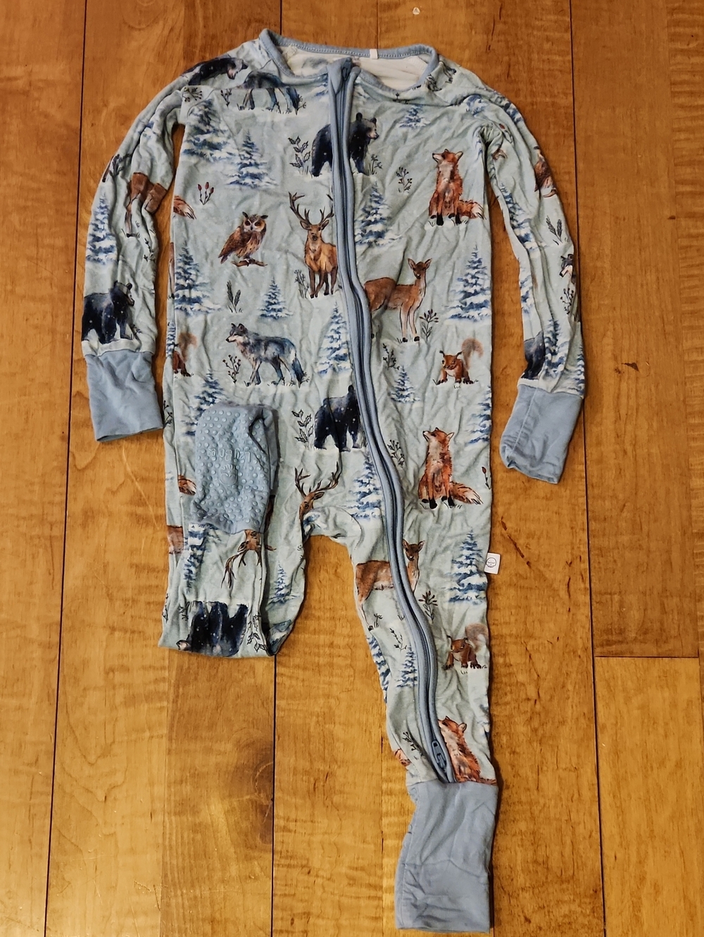 Lazy Bones Bamboo Blue Woodland Animal Print Kids One-Piece Pajamas